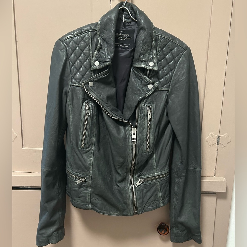 AllSaints womens gray distressed leather moto jacket, size 6, preowned